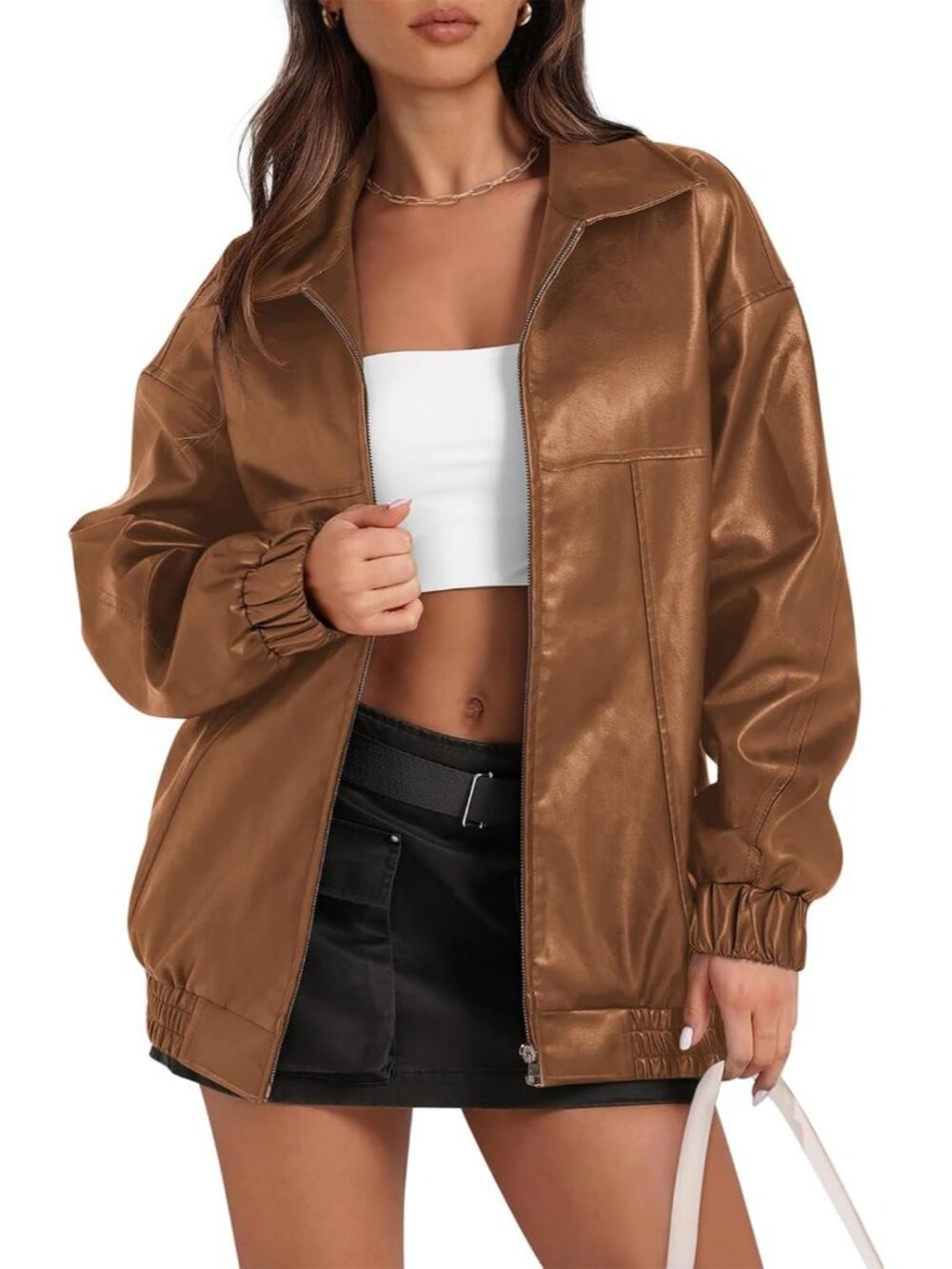 Women's Light Brown Oversized ZIP Up Fall Winter Casual Faux Leather Jacket